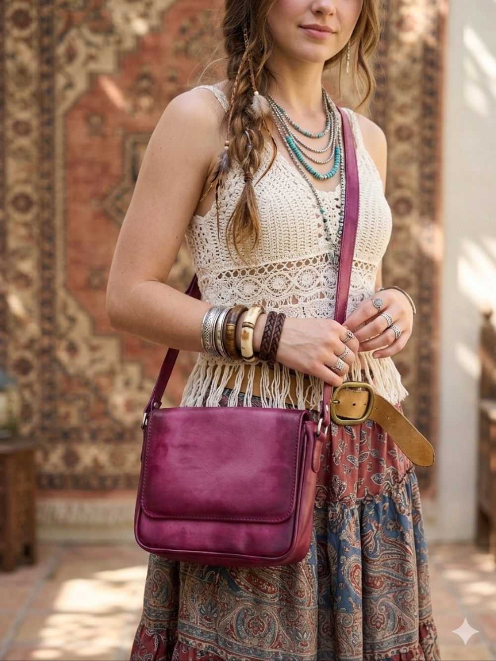 Artisan Hand-Painted Patina Leather Crossbody Bag - Plum/Burgundy Boho